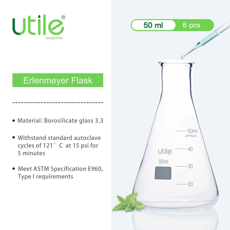 UTILE Glass Erlenmeyer Flask Set, 50ml Narrow Mouth Erlenmeyer Flasks, 6pcs of Borosilicate 3.3 Glass Conical Flasks for Laboratory with Printed Graduation, 4016.0050.6 - Image 2